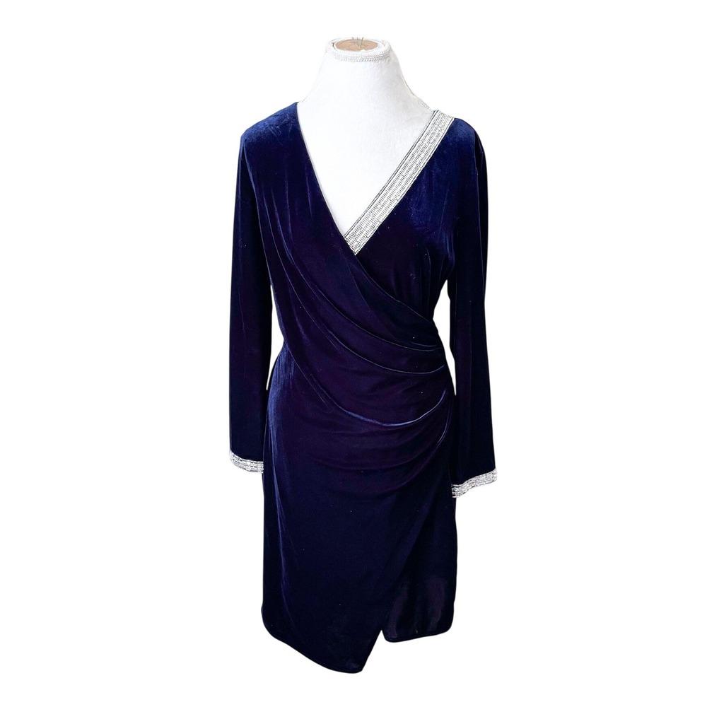 MSK Velvet Faux Wrap Cocktail Dress XL Navy Rhinestone Ruching Party Regal Glam
